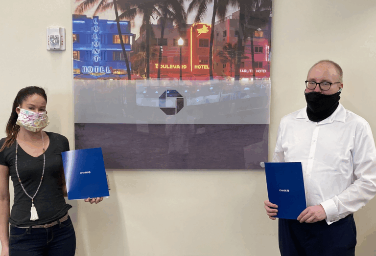 Chris Levy and Cari Cantillo opening Made Ya Click’s first business bank account at JPMorgan Chase in downtown Miami on April 20, 2020.